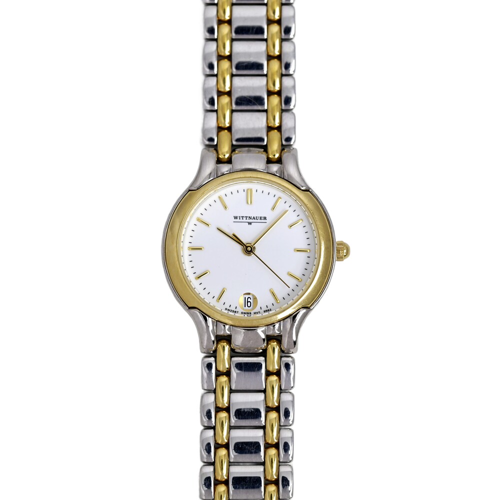 Wittnauer Ladies Gold Plated Vintage Swiss Date Watch Silver & Gold Bracelet
